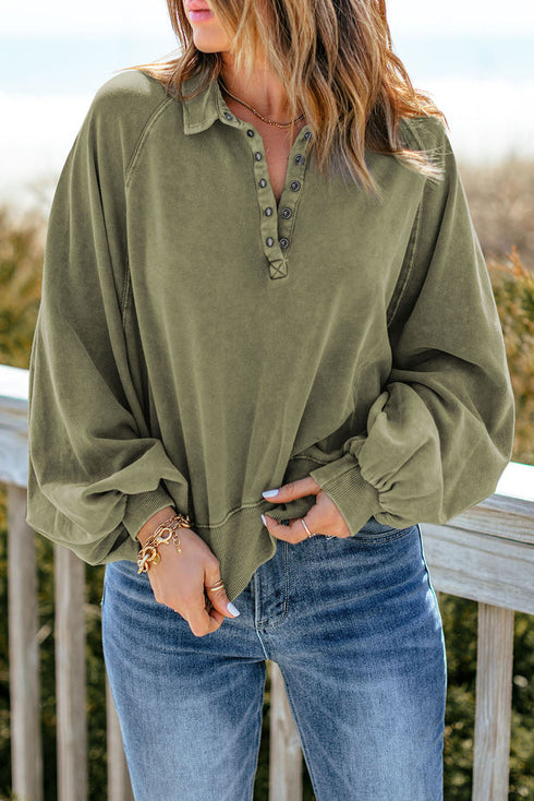 Lantern Sleeve Snap Button Placket Washed Pullover Casual Round Neck Sweatshirt